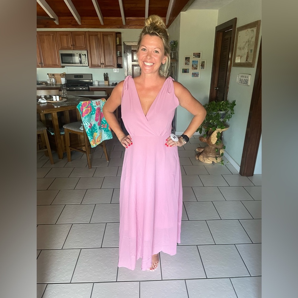 Dusty Pink Lavender Knot Shoulder Surplice Flowy Maxi Dress